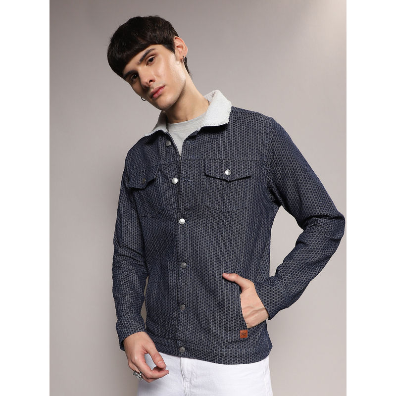 Campus Sutra Mens Navy Blue Cable Knit Jacket (L)