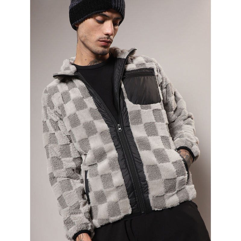 Campus Sutra Mens Moon Grey Fleece Buffalo Check Puffer Jacket (XL)