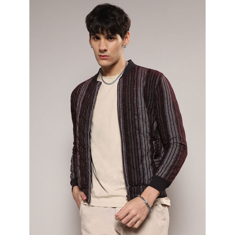 Campus Sutra Mens Charcoal Multi Color Striped Quilted Bomber Jacket (L)