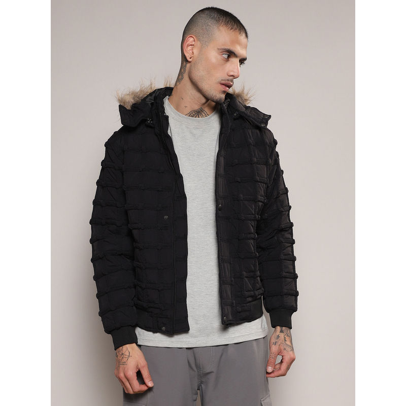 Campus Sutra Mens Carbon Black Self-Design Puffer Hoodie (S)