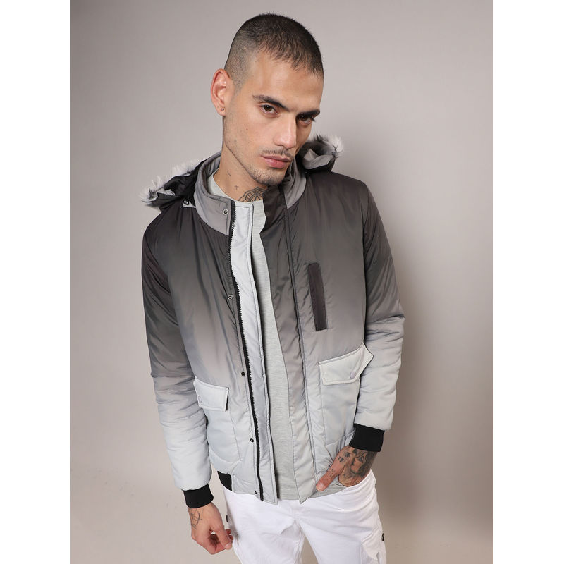 Campus Sutra Mens Charcoal Black & Light Grey Ombre Puffer Hoodie (S)