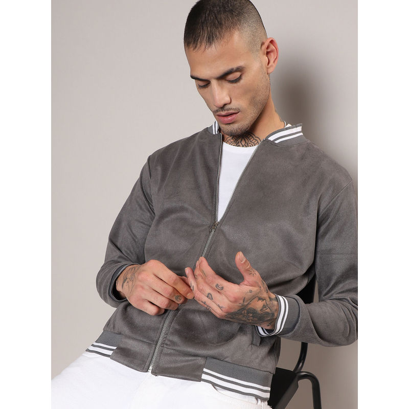 Campus Sutra Mens Moon Grey Zip-Front Baseball Jacket (L)