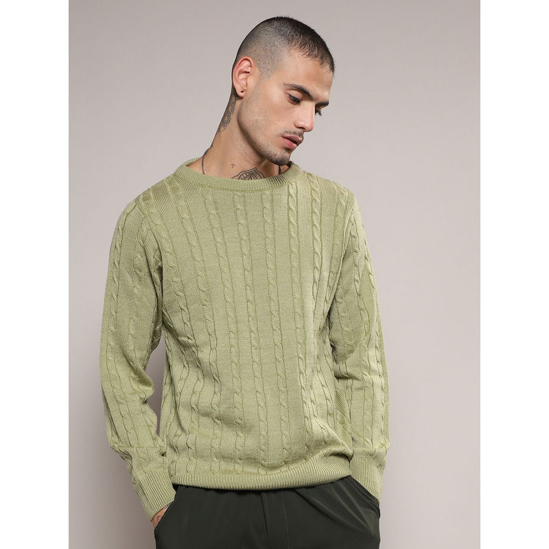 Campus Sutra Mens Green Contrast Textured Knit Sweater (L)