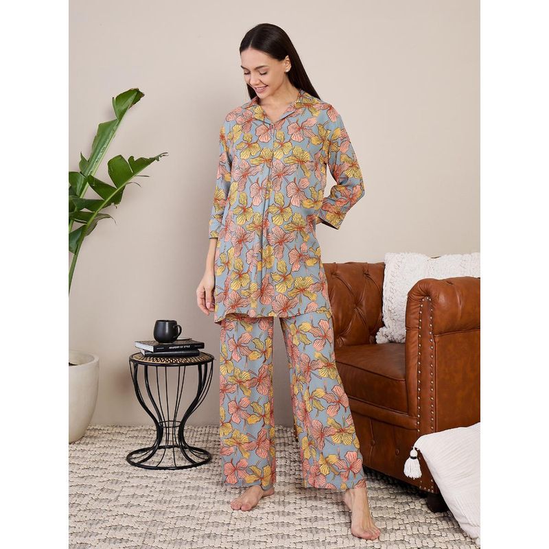 July Nightwear Women Blue Cotton Long Kurti with Pant - (Set of 2) (S)