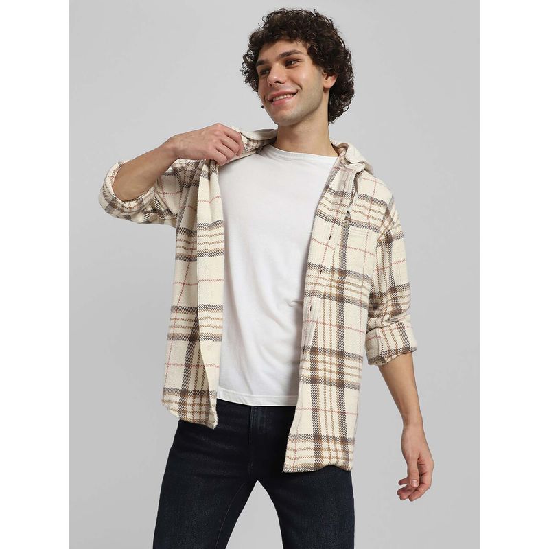 American Eagle Men White Hooded Flannel Shirt (M)