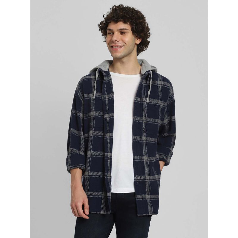 American Eagle Men Blue Hooded Flannel Shirt (M)