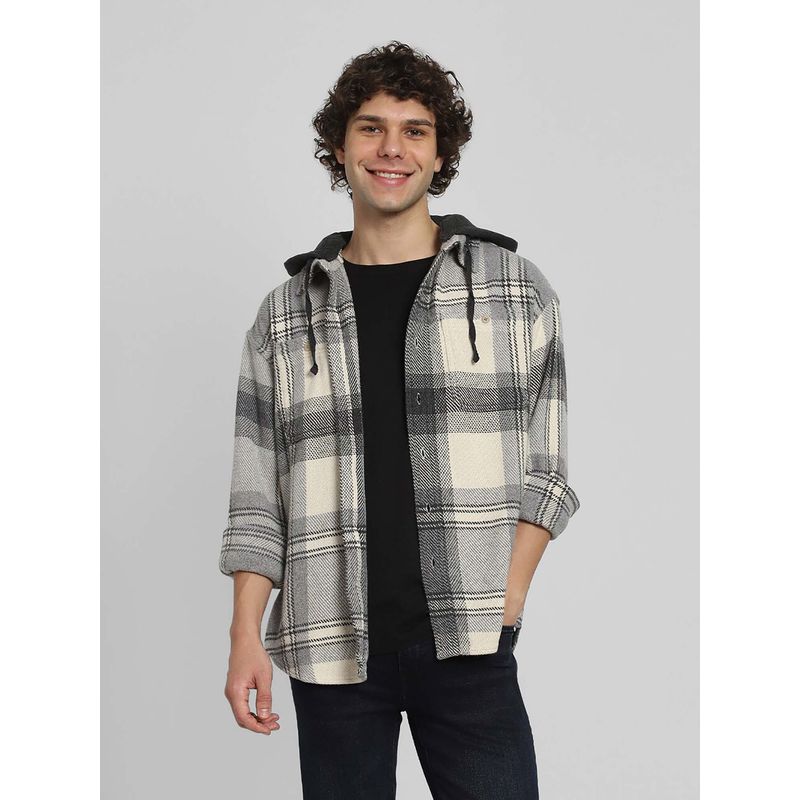 American Eagle Men Grey Hooded Flannel Shirt (S)