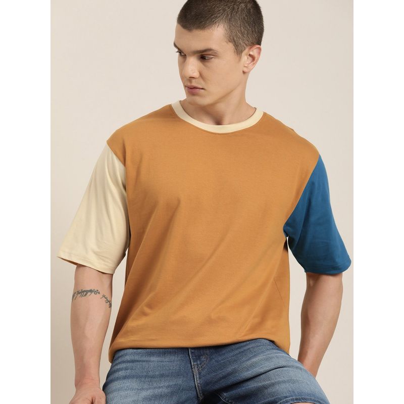 DILLINGER Brown Colour Blocked Oversized T-Shirt (S)