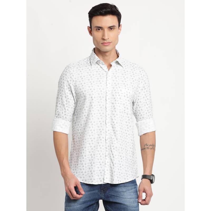 Turtle Men Linen Viscose Slim Fit Printed Off White Party Shirt (39)