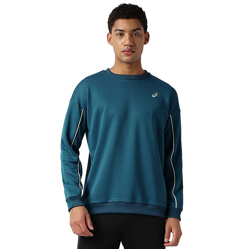 ASICS Men Teal Solid Crew Neck Piping Sweatshirt (S)