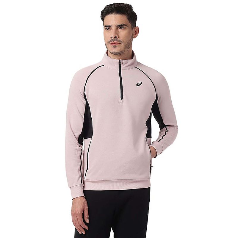 ASICS Men Pink Raglan Half Zip Colorblock Sweatshirt (XL)