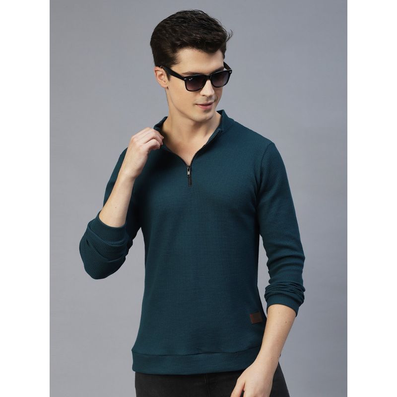 RIGO Men Teal Henley Neck Full Sleeves Waffle Knit T-Shirt (L)