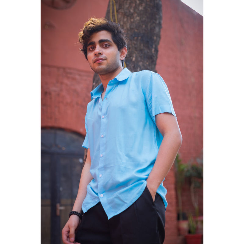 JAVINISHKA Softest Pastel Blue Slim Fit Unisex Modal Shirt (S)