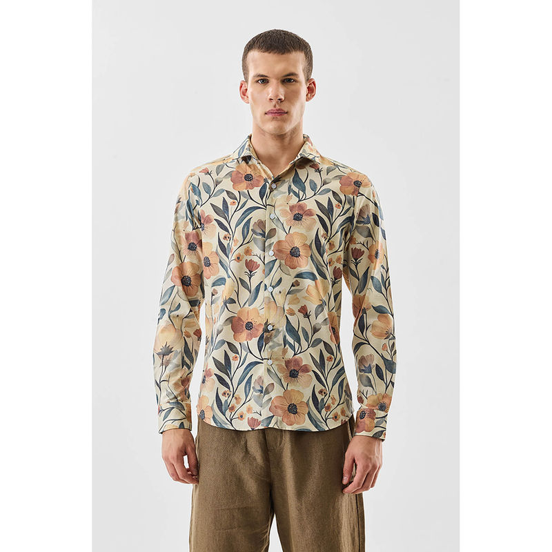 Snitch Beige Floral Full Sleeves Slim Casual Shirt For Men (S)
