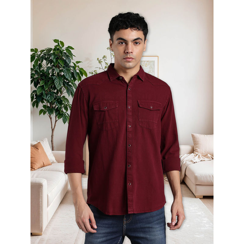 KUONS AVENUE Maroon Men's Denim Casual Shirt (M)