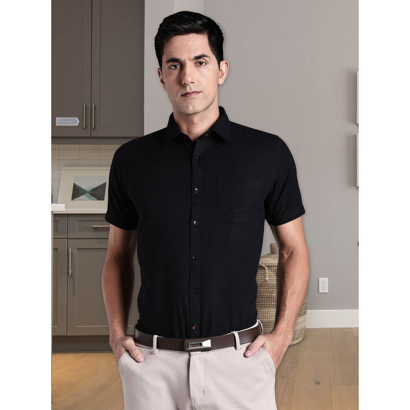 Southbay Black Men's Linen Cotton Half Sleeve Formal Shirt (M)