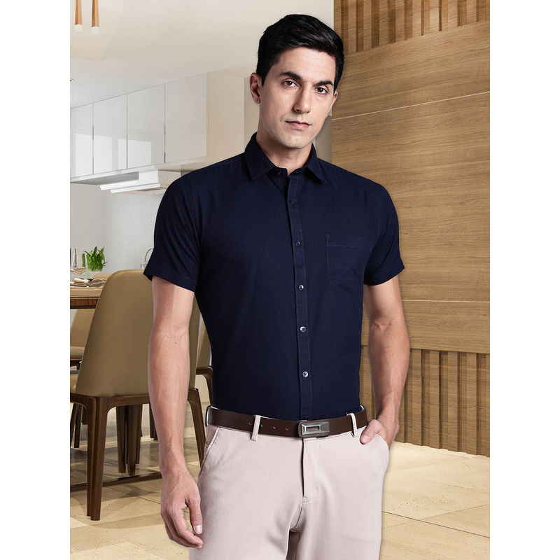 Southbay Blue Men's Linen Cotton Half Sleeve Formal Shirt (M)