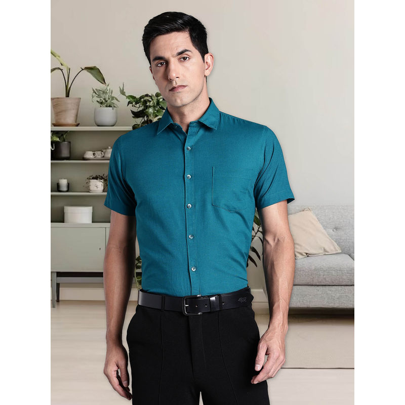 Southbay Teal Men's Linen Cotton Half Sleeve Formal Shirt (M)