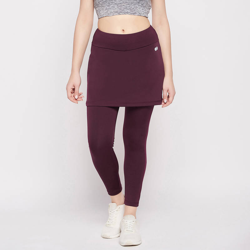 Clovia Snug-Fit High Rise Active Skirt With Attached Tights In Plum Colour (L)