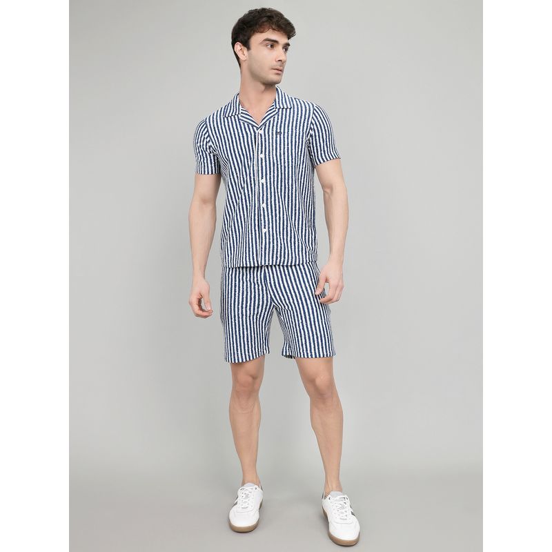 Monte Carlo Navy Blue Cotton Blend Stripes Shrirt with Shorts (2XL)