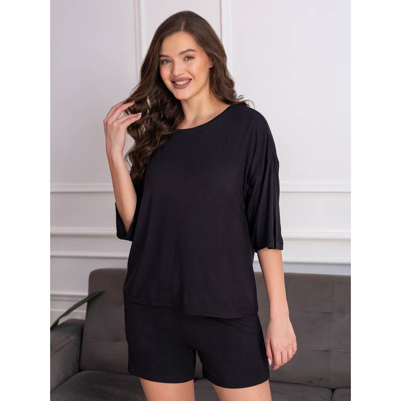Chelvet Women’s Premium Modal Black T-Shirt and Shorts Set (2XL)