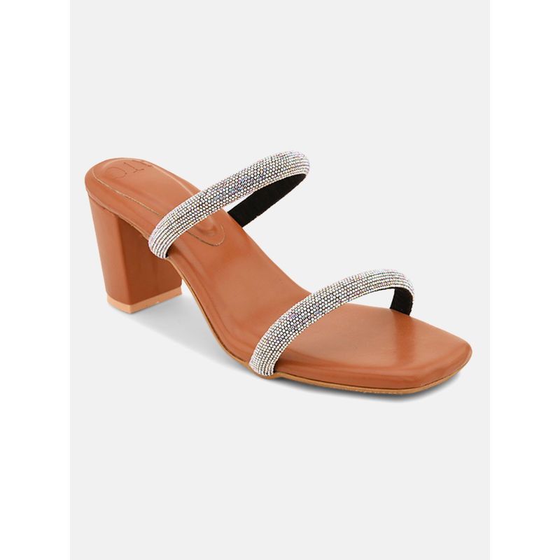 ALL TABS OPEN Women Sparkling Tan Embellished Party Block Heels (EURO 36)