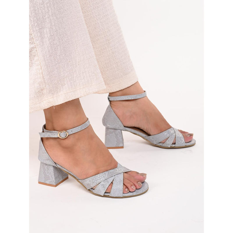 ALL TABS OPEN Women Textured Grey Block Sandal Heels (EURO 36)