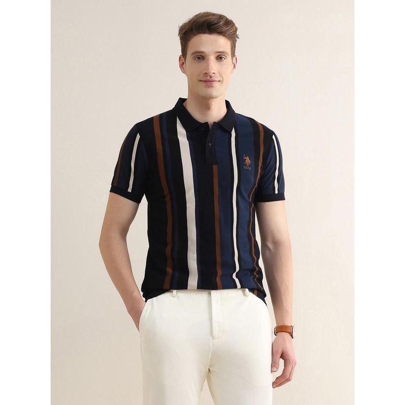 U.S. POLO ASSN. Navy Blue Men's Vertical Striped Colorblocked Slim Fit Polo T-Shirt (L)