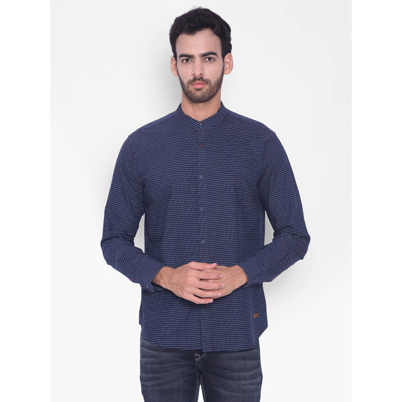 CRIMSOUNE CLUB Mens Navy Blue Striped Madarin Neck Shirt (M)