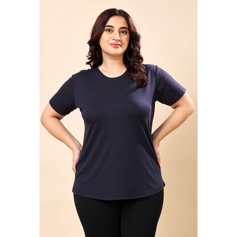 The Fit Theory Women Navy Blue Round Neck Half Sleeves Regular Fit T-Shirt (L)