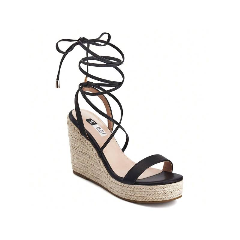 IRUSSH Sleek Black Napa Strappy Lace-Up Wedges (EURO 35)
