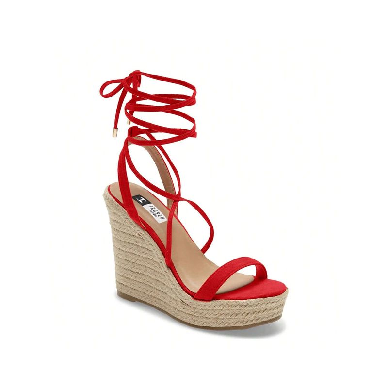 IRUSSH Bold Red Suede Strappy Lace-Up Wedges (EURO 35)