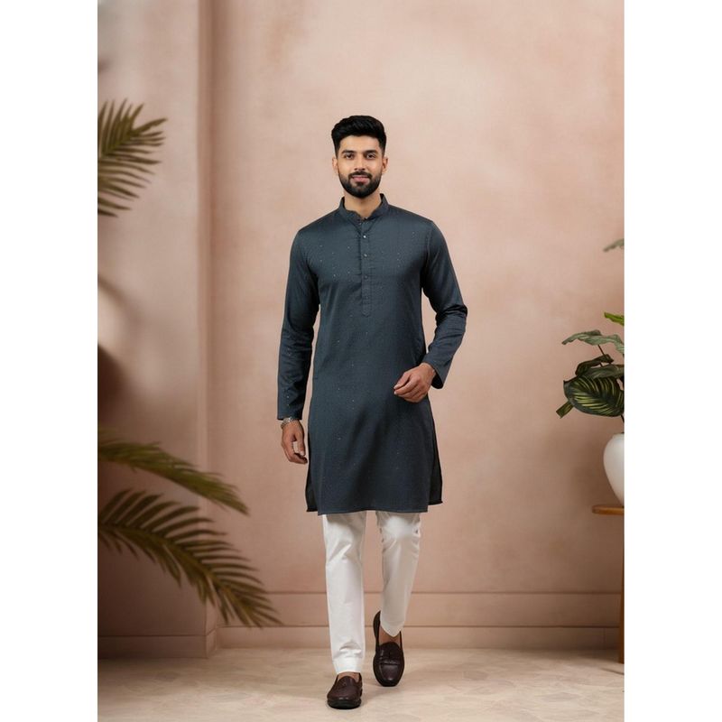Gahan Grey Cotton Jacquard Sequence Kurta (S)