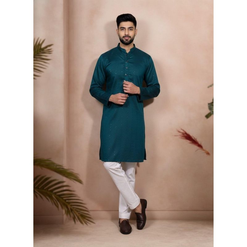 Gahan Teal Cotton Jacquard Sequence Kurta (L)