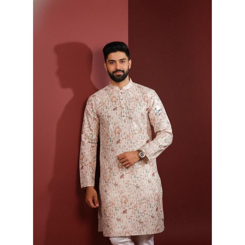 Gahan Beige Cotton Digitally Printed Featuring of Traditional Indian Art Kurta (XL)