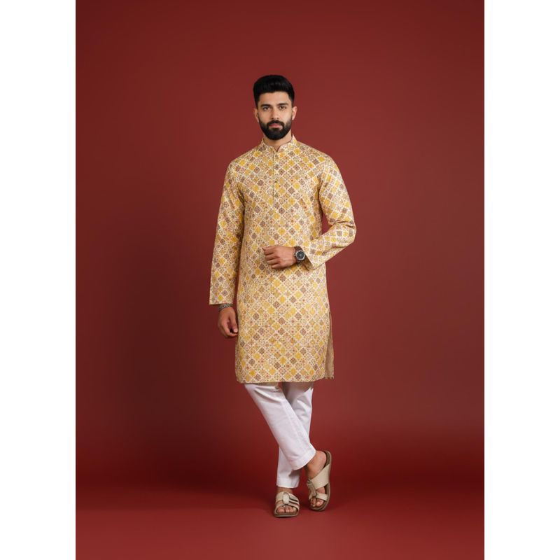 Gahan Haldi Art Silk Digitally Printed Featuring of Traditional Indian Art Kurta (XL)