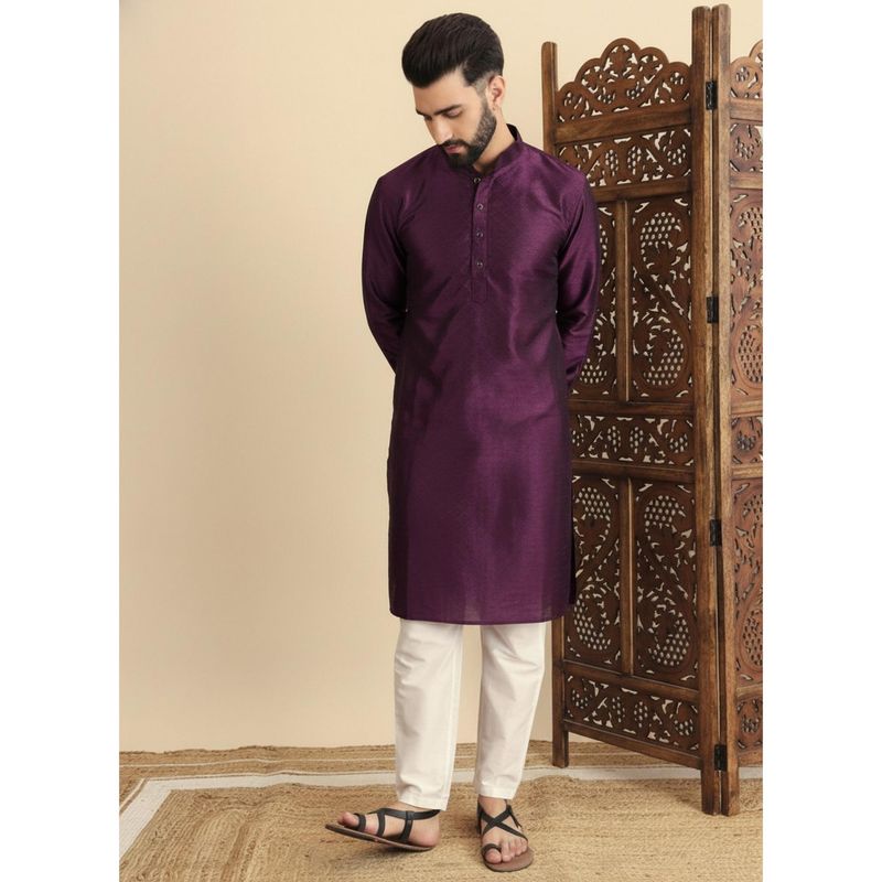 Gahan Mens Purple Art Silk Embroidered Kurta (M)