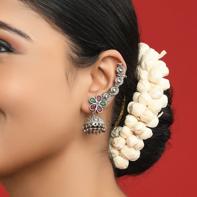 Fida Silver Plated Red and Green Stone Ear Cuff Jhumka Earrings For