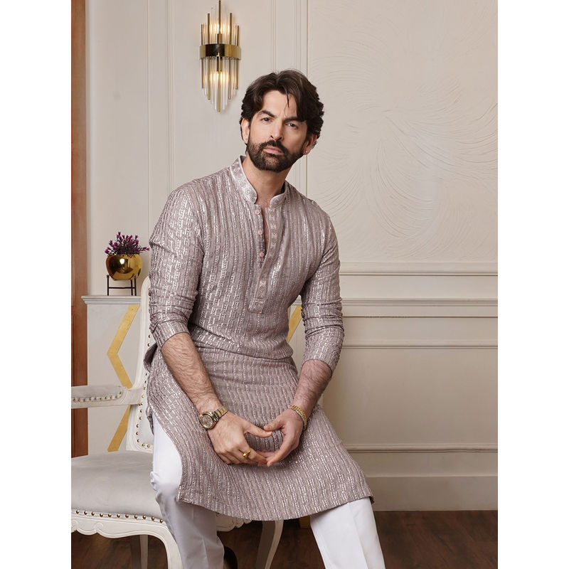 SOJANYA (Since 1958) Men's Cotton Rayon Shiny Thread Sequinned Brown Kurta (36)