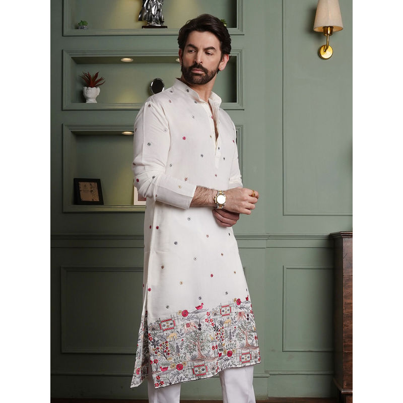 SOJANYA (Since 1958) Men's Cotton Silk Daman Embroidered White Kurta (36)