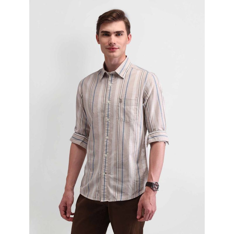 U.S. Polo Assn. Denim Co. Stripes Khaki Full Sleeves Collar Neck Shirt (42)