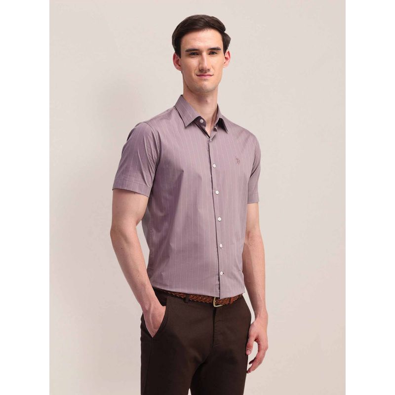 U.S. POLO ASSN. Stripes Mauve Half Sleeves Collar Neck Shirt (39)