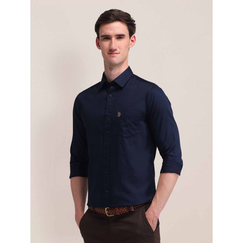 U.S. POLO ASSN. Solid Navy Blue Full Sleeves Collar Neck Shirt (39)