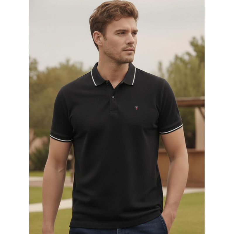 Louis Philippe Men's Black Polo T-Shirt with Collar Tipping and Branding on Sleeve (M)