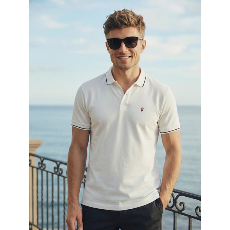 Louis Philippe Men's White Polo T-Shirt with Collar Tipping and Branding on Sleeve (XL)