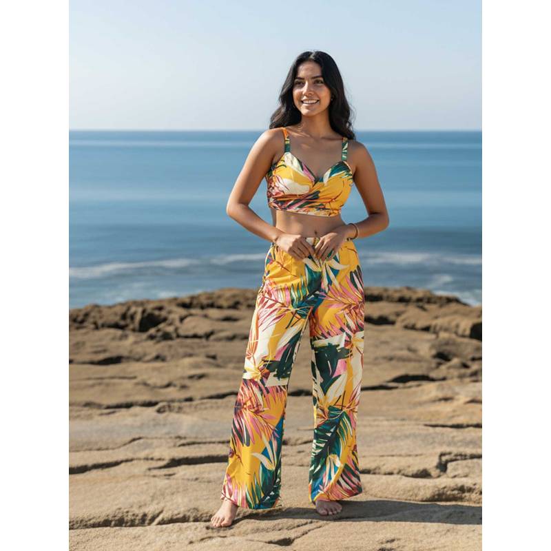 AOBA Women Yellow & Green Tropical Printed Beachwear Set (S)