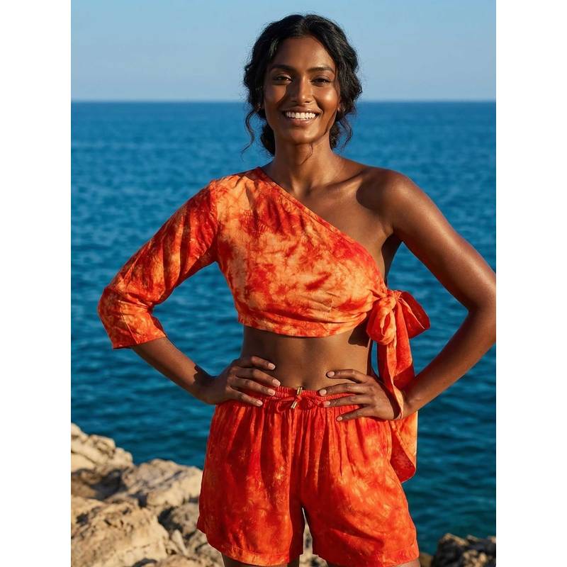 AOBA Women Orange Tie & Dye Beachwear Top and Shorts (Set of 2) (S)