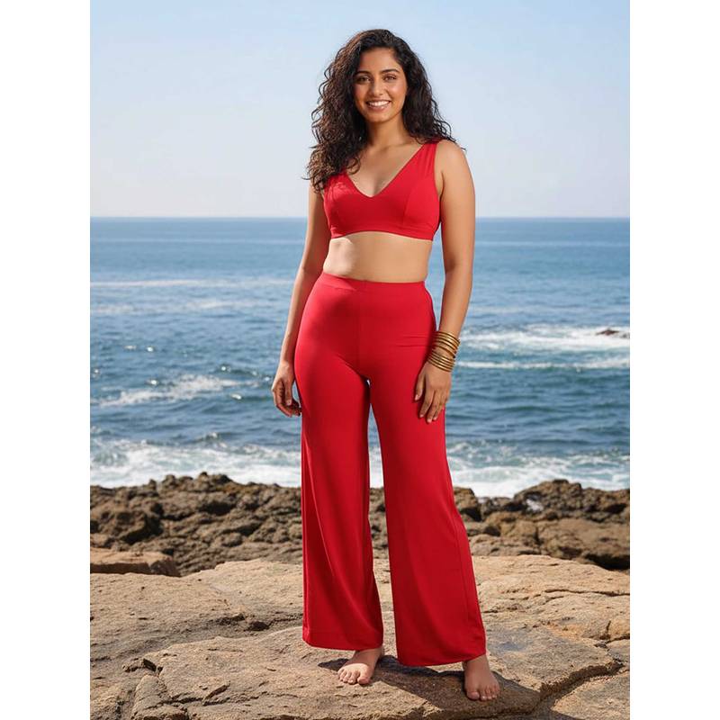 AOBA Women Red Solid Beachwear Co-Ord (Set of 2) (S)