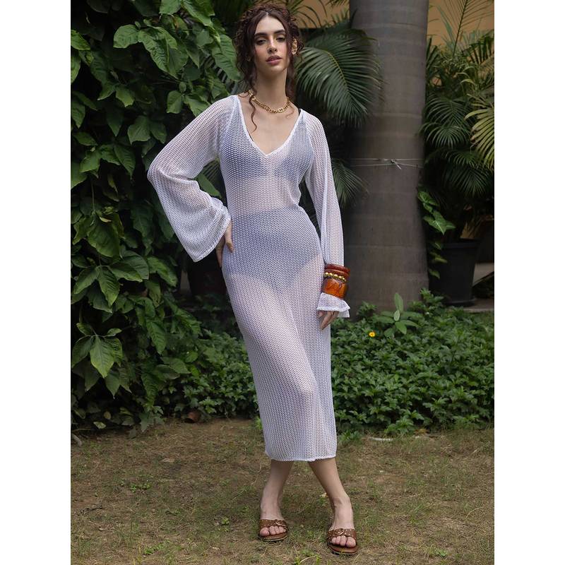 AOBA Women White Lace Full Sleeves Beachwear Coverup Dress (M)