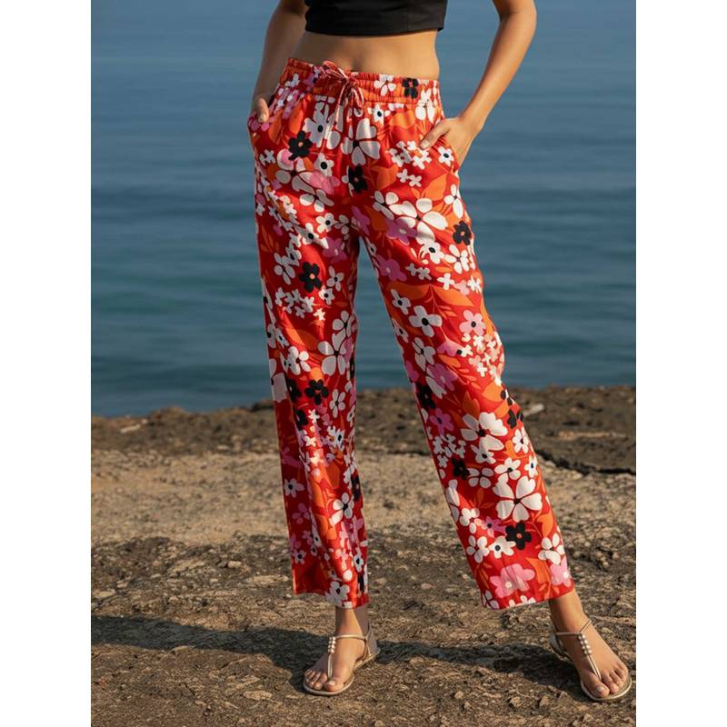 AOBA Women Red Floral Print Beachwear Pant (S)
